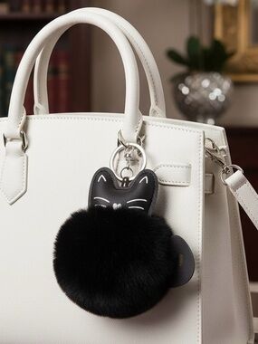 3/$9 New! Black Kitty Cat Pom-Pom Charm Key Chain With Silver Hardware